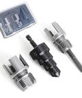 PVC Pipe Threading Tool Kit Three Piece Set For Electric Drill With One Half Inch And Three Quarter Inch Internal And External Thread Cutters Reamer And Step Drill Bit Fifteen To Thirty One Millimeters in a case with visible threading tools.