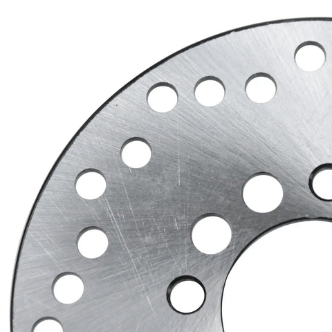 Close-up of a stainless steel rear brake disc rotor plate with holes, 160mm 6.3 inch fit for 50cc-125cc Chinese kids quad ATV go kart parts.