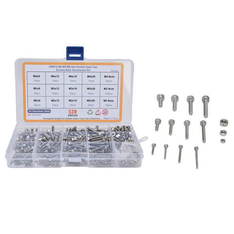 Hefty 304 Stainless Steel Hex Socket Cap Screw Nut Kit With Internal Hex Drive To Resist Stripping For Electronics And Precision Instruments. 520 pieces in storage box.