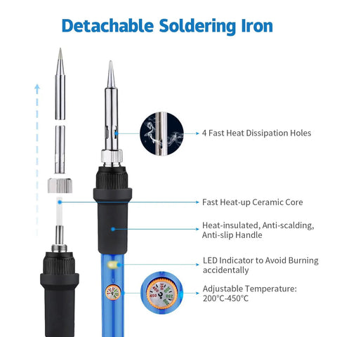 60W Adjustable Temperature Soldering Iron Kit With Quick Heat Ceramic Technology, detachable iron parts labeled