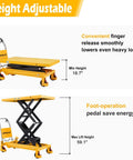 APOLLO lift table cart, yellow manual scissor lift; side view with 18.7in min, 59.1in max height, 1760lb capacity