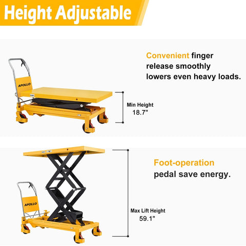 APOLLO lift table cart, yellow manual scissor lift; side view with 18.7in min, 59.1in max height, 1760lb capacity