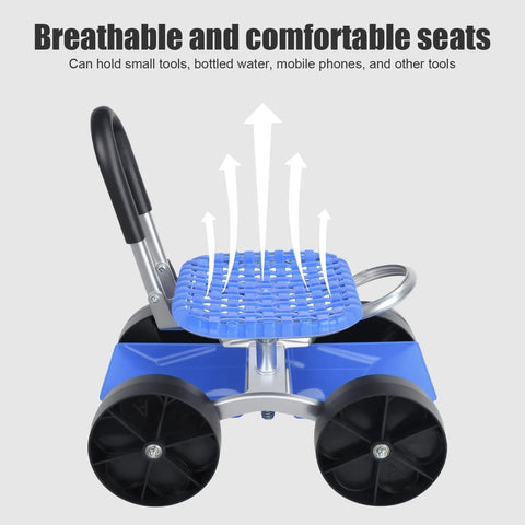 Blue Rolling Garden Seat With Flat Wheels, Premium Adjustable Height Work Stool, showing breathable seat with storage shelf