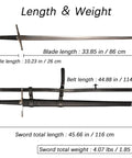 Diagram showing dimensions of Medieval Sword Black Western Blade in Manganese Steel with Full Tang Build, 45.66 inch total length.