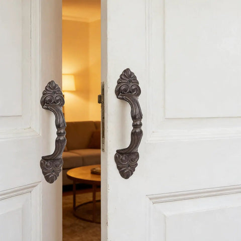 Vintage Cast Iron Door Handle Set 2 Pack Built Tough For Farmhouse Style Cabinet Pulls And Sliding Doors Fence Gates Cupboards Durable Antique Brown Finish on white doors