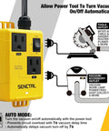 Automatic Vacuum Switch With Five Foot Power Cord For Power Tools And Table Saws, shown in yellow with multiple outlets, diagrams showing connectivity and features.