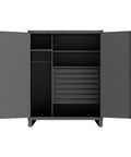 Heavy Duty Seven Drawer Workshop Cabinet With Pegboard Doors Built In Hanger Bar And Adjustable Shelving showing open storage interior and drawers.