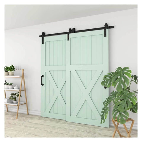 Bypass Barn Door Hardware Kit With Sliding Track System For Double Doors 4 To 16 Feet Adjustable Length installed in home interior.