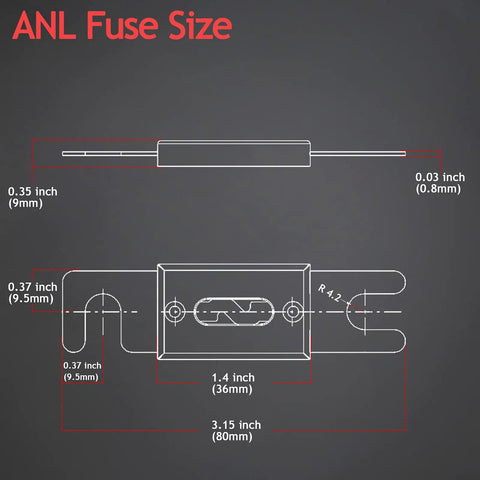 Technical diagram showing dimensions of ANL fuse for Three Pack 300 Amp ANL Fuse Holder Block For Car Audio With 0 2 4 8 Gauge Wiring