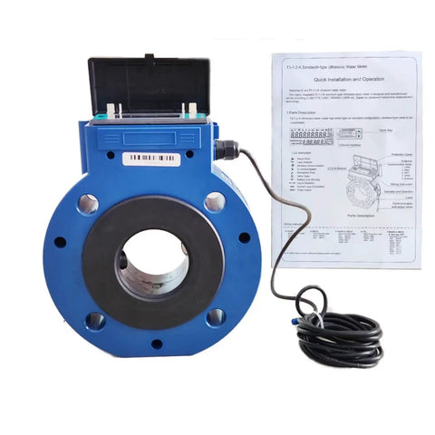 Rugged Workhorse Water Flow Meter with Clamp On Transducers and LCD Display, blue casing, and installation guide visible.