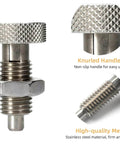 Hand Retractable Spring Plunger M10 Stainless Steel Quick Release Pin Lockout Pin with nut and knurled handle shown in detail
