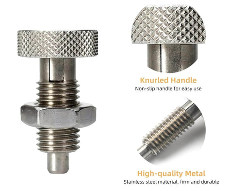 Hand Retractable Spring Plunger M10 Stainless Steel Quick Release Pin Lockout Pin with nut and knurled handle shown in detail