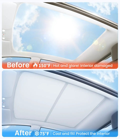 Before and after install of Tesla Model Y Sunshade Roof Cover With Multi Layer UV Reflective Glass, reducing heat and glare, no gaps.