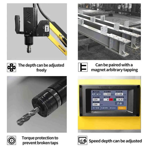 Heavy Duty Electric Tapping Arm With Eight Precision Chucks For Smooth Threading And Fast Setup On Industrial Machinery And Auto Parts Fabrication Jobs For All Metalworking Shops, adjustable depth features.