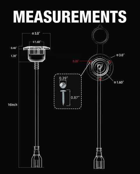 Dimensions of 20 Amp 125 Volt AC Port Plug With 12 AWG Heavy Duty RV Shore Power Inlet, 5 In 1 T Blade Adapter, 16 Inch Cord.