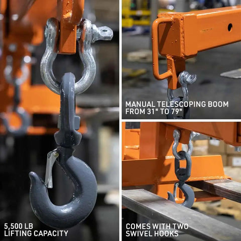 Built Tough Fork Mounted Telescoping Jib Boom Crane With 5500 LB Lifting Power And Sweet 31 To 79 Inch Reach Makes Skid Steer Conversions No Sweat On Any Job Site