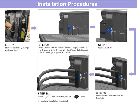 Installation guide for Heavy Duty Truck Bed Extender Mounting Brackets Kit For Toyota Tundra 2007 To 2025 showing steps and brackets.