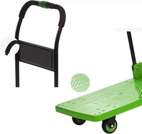 Heavy Duty Flatbed Hand Cart Featuring Slick Four Wheel Rollers And A Tough Foldable Frame showing handle and textured green base.