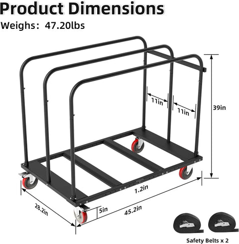 Heavy Duty Folding Table Cart With 1800 LB Capacity And 10 Table Load on 5 inch PU swivel wheels with product dimensions.