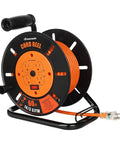 Heavy Duty Retractable Sixty Foot Extension Cord Reel With Metal Stand For Indoor Outdoor Garage Workshop And Backyard Use Fourteen Three SJTW Cable