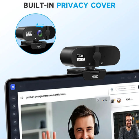 Plug And Play 4K Webcam delivers pristine video clarity and smooth audio on a monitor with privacy cover feature.
