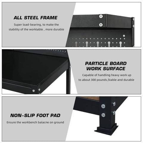 Heavy Duty Steel Workbench With Pegboard Shelves And Wide Top 330 Lb Capacity Multipurpose Garage And Workshop Storage Station features