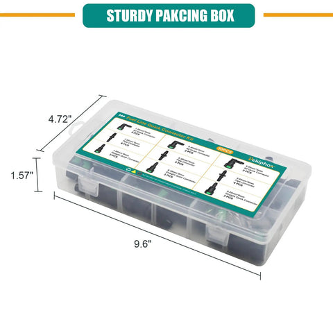 30 Piece Fuel Line Quick Connector Set For SAE 5/16 Inch Hoses in clear storage box with dimensions labeled