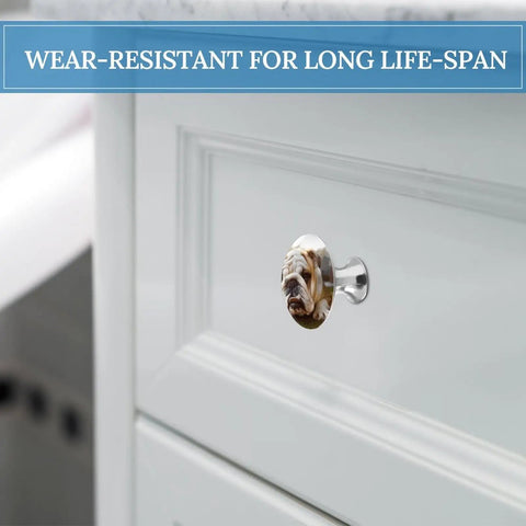 Cute Bulldog Puppy Cabinet Knobs 2 Pack Round 1.1 Inch Stainless Steel Drawer Pulls installed on white cabinet.