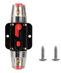 Beefy 60 Amp Circuit Breaker Switch With Waterproof Inline Fuse Holder For 12V To 48V DC Car Audio, Marine, RV, Boat, Truck, And Bus Sound Systems, Manual Reset, 3 To 15 AWG, Red Reset Button, Easy Install, showing front view with mounting screws.