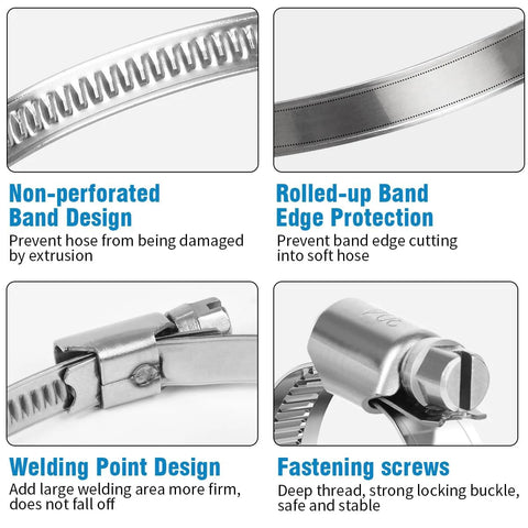 10-pack stainless steel hose clamps 1.5–2.5 in, worm-drive, heavy-duty; non-perforated band with rolled edge.