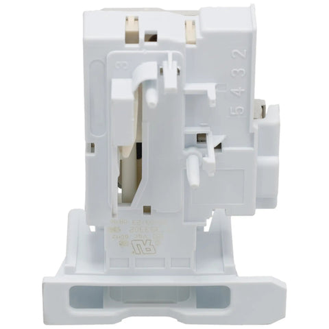 Washer Lid Lock Door Latch Switch Replacement Part Replaces 4245274 PS11703540 AP5962162, front view, white plastic unit