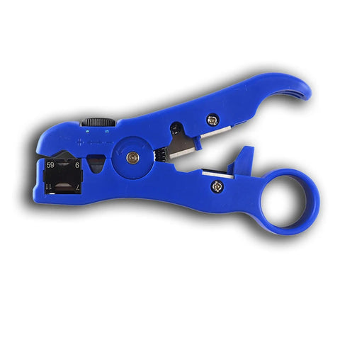 Universal Coax And Cat5 Cat6 Stripping Tool For RG59 RG6 RG7 RG11 Reversible Cassette, blue color, side view