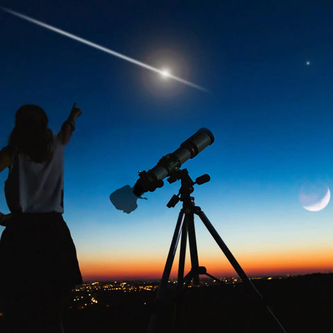 Person pointing at stars with telescope equipped with T Mount Lens Adapter T Ring M42x0.75mm For Canon RF Mount in scenic night sky
