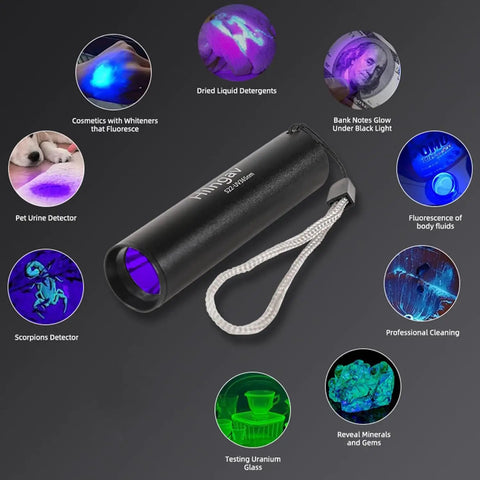 4 Pack Rechargeable UV Blacklight Flashlights 365nm And 395nm Mini LED Handheld Torches USB C Charging with usage examples