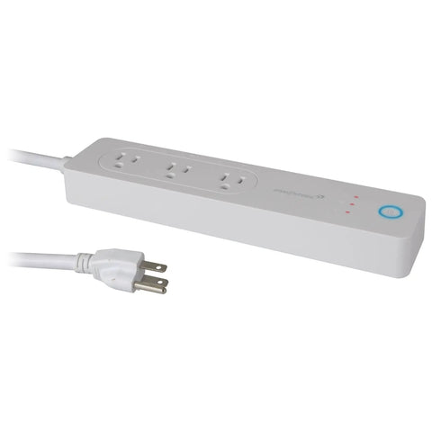Dead Simple Smart WiFi Power Strip With Instant Voice Control Three Grounded Outlets And Beefy Surge Guard For Foolproof Alexa And Google Home Integration Crisp White showing three grounded outlets and a power plug.