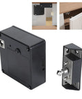 Premium Quality Invisible Advanced Nfc Swipe To Unlock Electronic Drawer Lock showing black electronic lock and mounting plate.