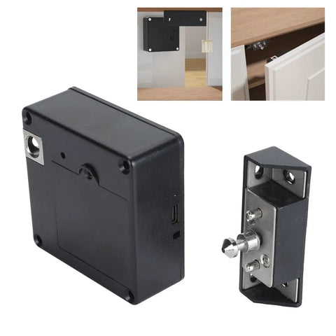 Premium Quality Invisible Advanced Nfc Swipe To Unlock Electronic Drawer Lock showing black electronic lock and mounting plate.