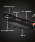 Detailed view of a Powerful Emergency LED Handheld Flashlight Set 4 Pack with Adjustable Focus, highlighting design features and materials.