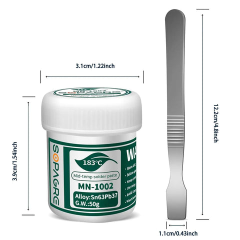 Sn63 Pb37 SMD Solder Paste For Phone Repairs No Clean Tin Lead Alloy 50g can with spatula, dimensions 3.9cm x 3.1cm.
