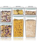 Six Piece Airtight Food Storage Container Set With Lids In Three Sizes 0.5Qt 1.2Qt And 1.8Qt Dual Pairs For Kitchen Pantry Organization BPA Free Stackable Cereal Flour Sugar Containers For Freshness And Grab-And-Go Easy Access filled with pasta, cereal, and nuts.