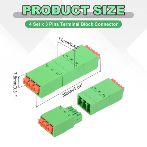 Four Piece 3.5mm Pitch Spring PCB Terminal Block Connector 3 Pin Pluggable Male Female Plug And Play Wiring Terminals size