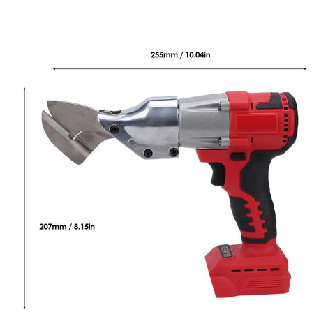 Powerhouse Cordless Sheet Metal Cutter With Variable Speed And 360 Rotating Head side view showing hardened blades and grip.
