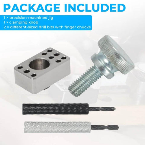 Package contents of Guitar Tuner Drill Jig Made Of Stainless Steel For Pin Mount 6 In Line Machine Heads with drill bits