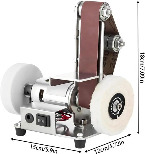 Cool Mini Bench Grinder And Sander Machine With Stainless Steel Build, compact design, measures 15cm by 12cm, suitable for DIY projects.