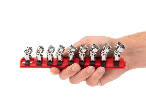 Hand holding One Quarter Inch Drive Six Point Universal Joint Socket Set With Rail, Nine Piece, Six Through Fourteen Millimeter