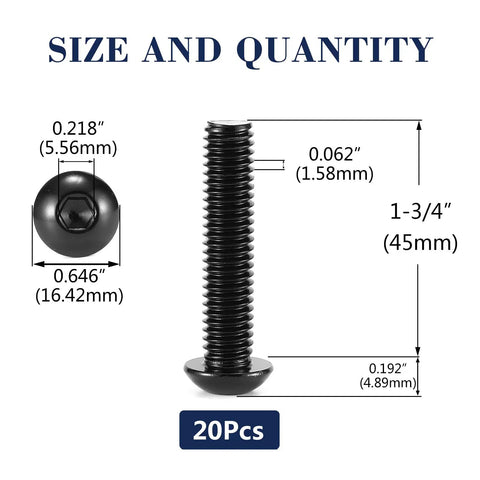 Heavy Duty Button Head Socket Cap Bolts 3/8-16 X 1-3/4 Inch 304 Stainless Steel 18-8 with dimensions and 20 piece kit detail.