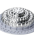 Stacked view of Bathtub Drain Hair Catcher And Protector For Pop Up Drains, Universal Durable Step Shaped Drain Cover with holes in metal finish.