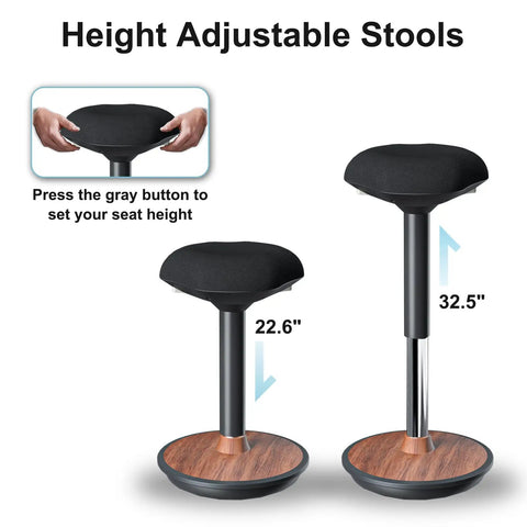 Active Sitting Wobble Stool for Standing Desk and Home Office, height adjustable 22 to 32 inches, walnut finish base, ergonomic sit stand design.