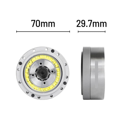 Front and side view of Harmonic Reducer High Precision Gearbox Strain Wave Drive for Machines, 70mm x 29.7mm dimensions, speed ratio 100.