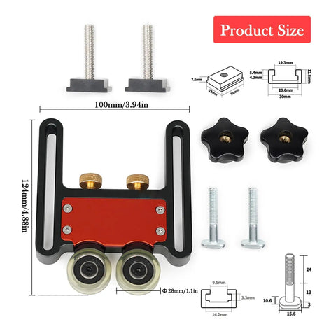 2Pcs Table Saw Feather Board With Dual Bearing Rollers And Adjustable Safety Push Block For Dead Nuts Secure Guide and smooth as silk feed tracking on table saws or router tables, detailed size view.